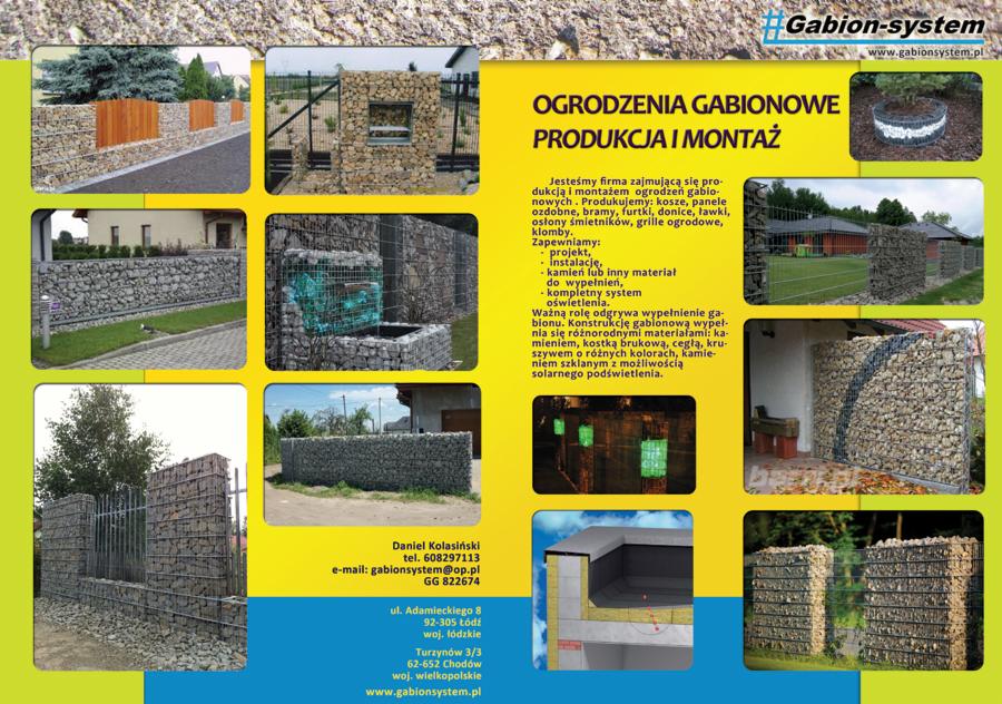 Kompozycja zdjęć prezentująca różnorodne realizacje ogrodzeń gabionowych, w tym ogrodzenia pełne, z elementami drewnianymi, z oświetleniem oraz z fontanną, na tle domów i zieleni.