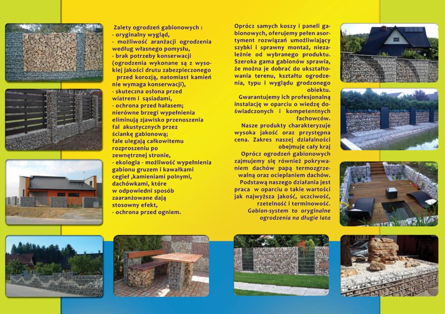 Kompozycja różnych ujęć ogrodzeń gabionowych, prezentująca różnorodność aranżacji i zastosowań, w tym wypełnienia drewnem, kamieniem i elementami dekoracyjnymi, z tekstem reklamowym podkreślającym...