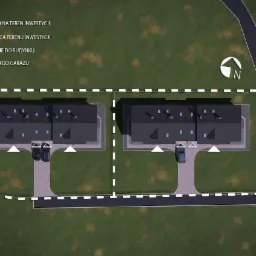 Plan zagospodarowania terenu z dwoma budynkami w zabudowie bliźniaczej, widok z góry, zaznaczone granice działki, wjazdy i wejścia, samochody na podjazdach.