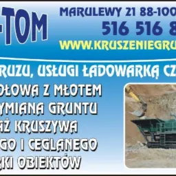 Ogłoszenie firmy Trans-Tom z Inowrocławia. Oferta: kruszenie gruzu, usługi ładowarką, koparka kołowa, wykopy, wymiana gruntu, sprzedaż kruszywa, rozbiórki.