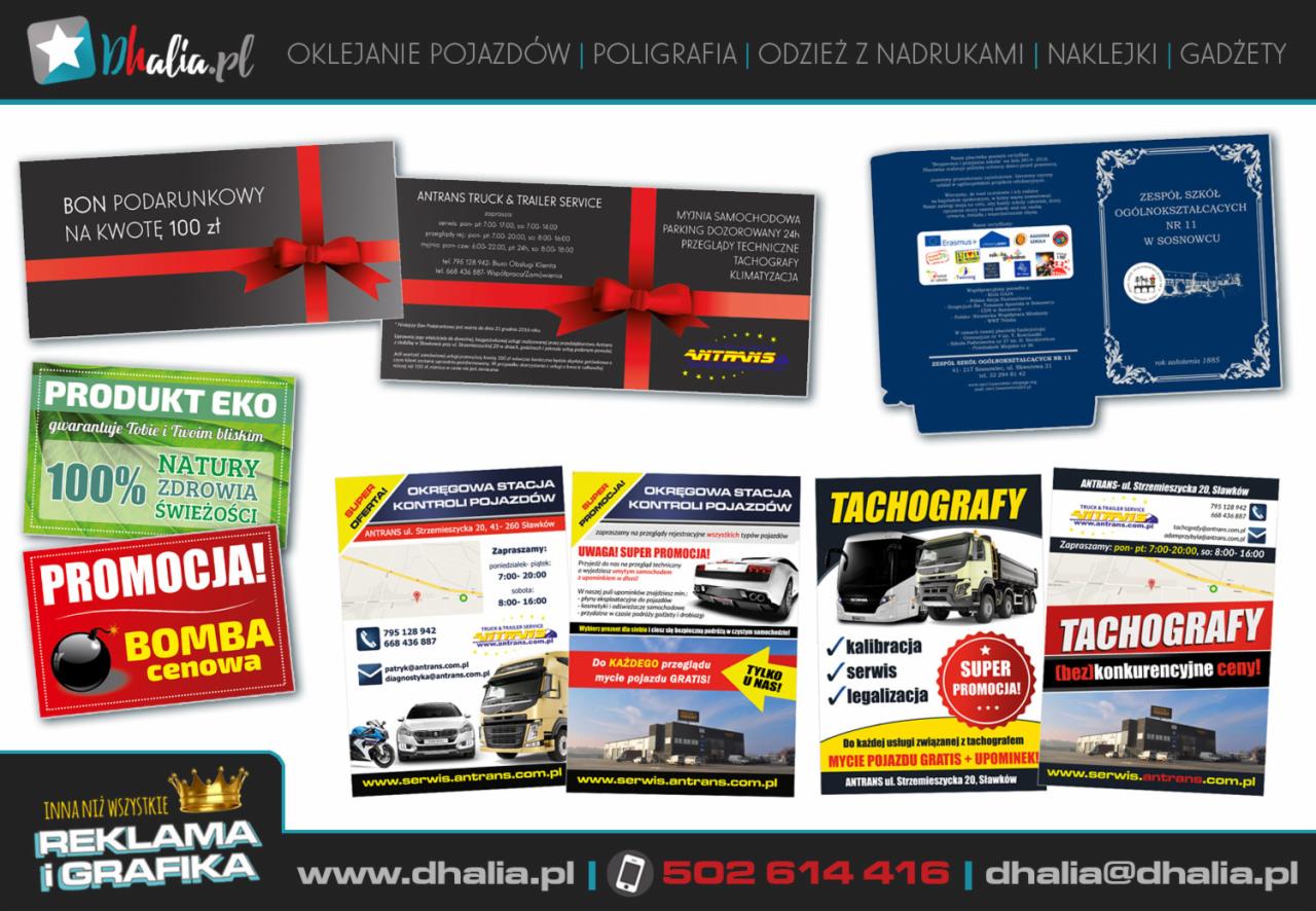 Kompilacja materiałów reklamowych firmy Antrans, w tym bon podarunkowy, ulotki informacyjne o stacji kontroli pojazdów i tachografach, wizytówki oraz folder reklamowy Zespołu Szkół...