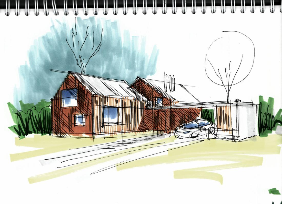 Szkic koncepcyjny domu jednorodzinnego z garażem i samochodem elektrycznym, wykonany markerami na kartce z bloku rysunkowego ze spiralą.