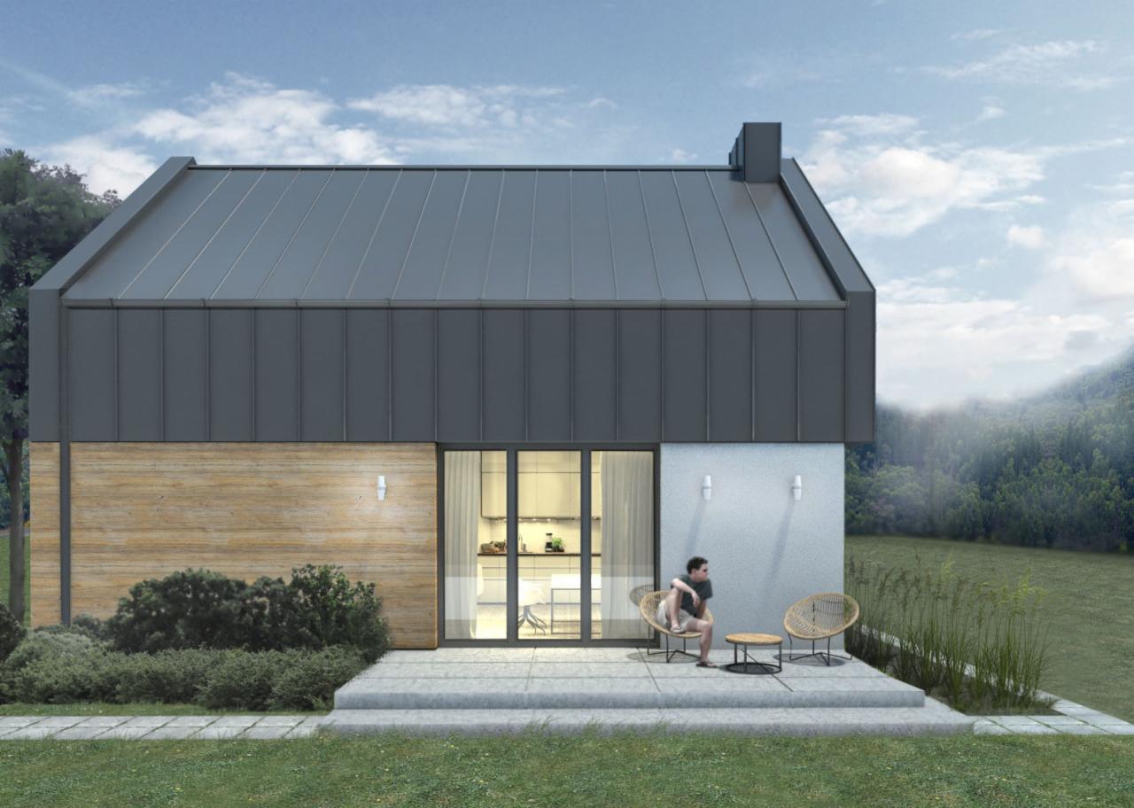 Wizualizacja nowoczesnego domu z szarą blachą na dachu i drewnianą elewacją, z tarasem na którym siedzi mężczyzna w krześle z wikliny.