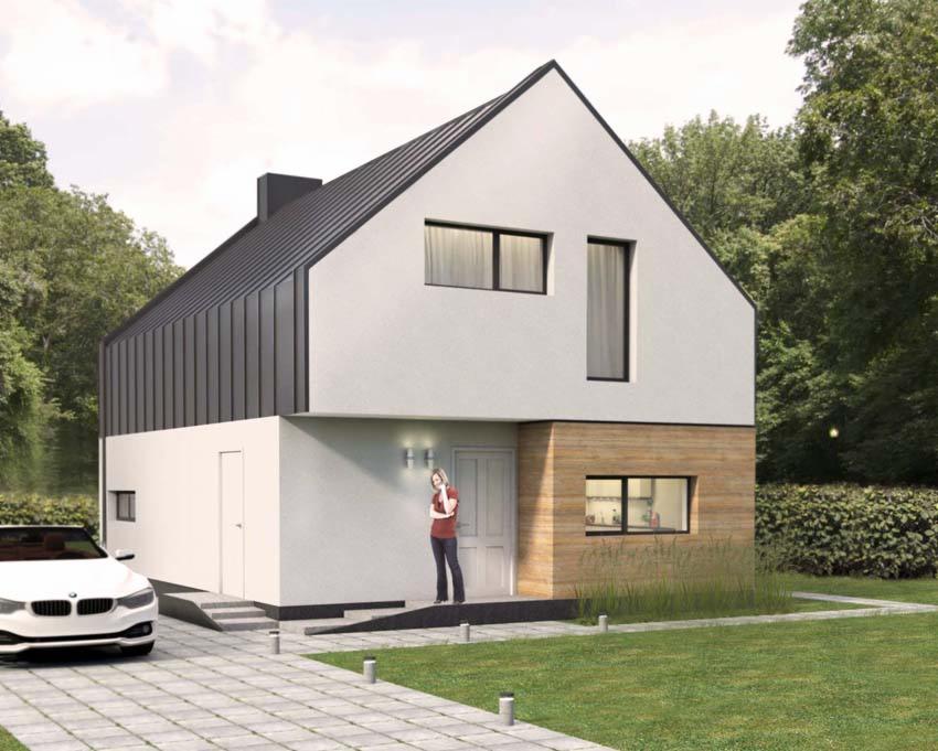 Wizualizacja nowoczesnego domu jednorodzinnego z dachem z blachy trapezowej, elewacją z białego tynku i drewnianą okładziną, z podjazdem z kostki brukowej i samochodem BMW na pierwszym planie.