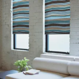 Dwa okna z zamontowanymi roletami w poziome pasy w odcieniach błękitu, brązu i beżu, widoczne z wnętrza pomieszczenia z białymi ścianami z cegły i fragmentem białej sofy.