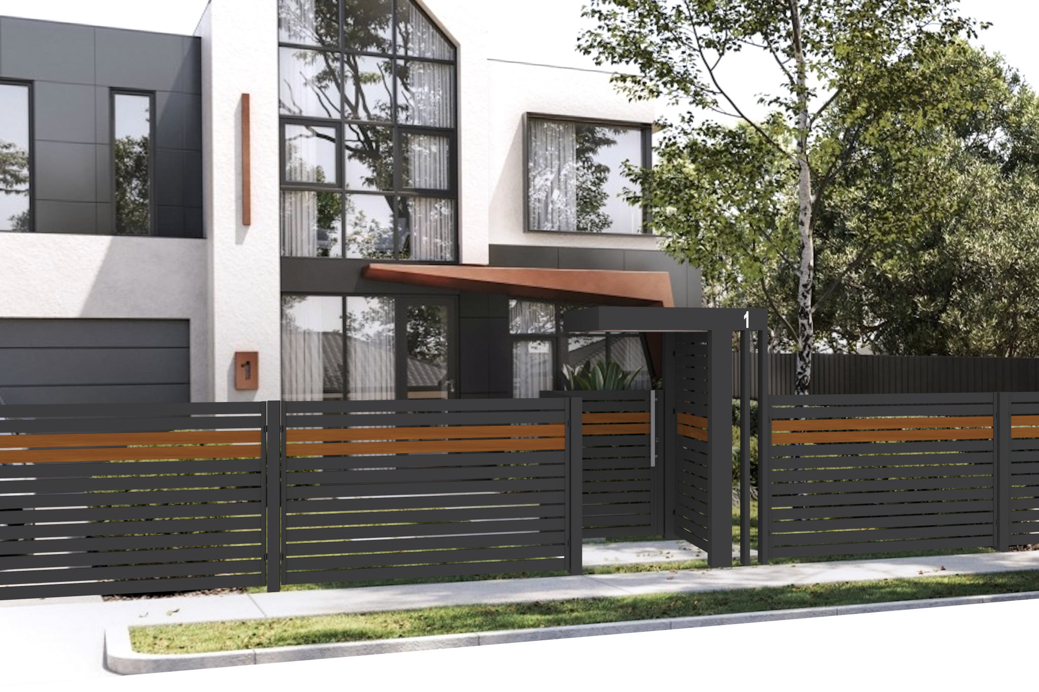 Nowoczesne ogrodzenie posesji z poziomych, grafitowych profili z akcentem w kolorze drewna, brama wejściowa z numerem domu w tle minimalistyczny budynek.