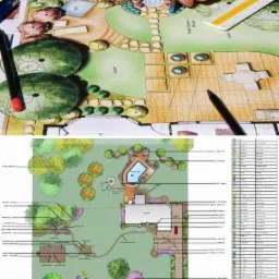Ręcznie rysowany plan ogrodu z basenem, z użyciem ołówków, linijki i pisaka, ukazujący szczegółowe rozmieszczenie roślin i elementów architektonicznych.