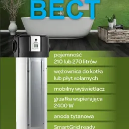 Grafika reklamowa przedstawiająca pompę ciepła do ciepłej wody użytkowej BECT, z widocznymi specyfikacjami technicznymi, na tle aranżacji łazienki z wanną i zieloną ścianą.