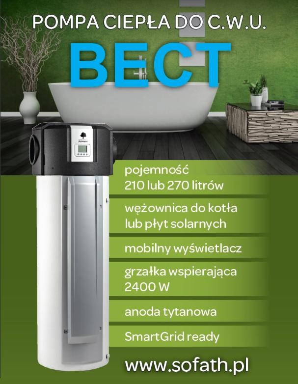 Grafika reklamowa przedstawiająca pompę ciepła do ciepłej wody użytkowej BECT, z widocznymi specyfikacjami technicznymi, na tle aranżacji łazienki z wanną i zieloną ścianą.