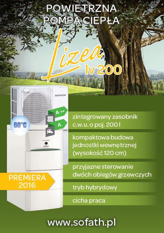 Grafika reklamowa powietrznej jednostki grzewczej Lizea LV 200 z informacjami o zintegrowanym zasobniku, kompaktowej budowie i cichej pracy, na tle drzewa i zielonego krajobrazu.