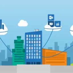 Graficzna ilustracja: budynki miejskie połączone z chmurami danych, osoba z tabletem, logo Microsoft w lewym górnym rogu.