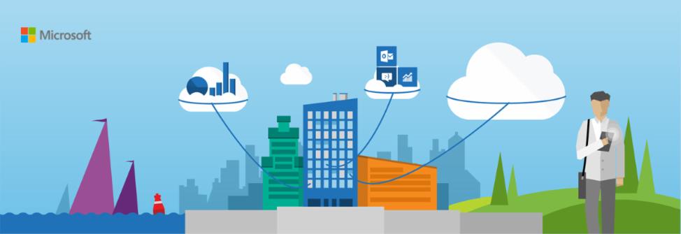 Graficzna ilustracja: budynki miejskie połączone z chmurami danych, osoba z tabletem, logo Microsoft w lewym górnym rogu.