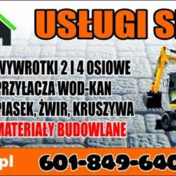 Grafika reklamowa firmy Bar-Bud z Jerzmanowej, oferującej usługi sprzętowe, w tym wynajem koparko-ładowarek, koparek, minikoparek i ładowarek, a także wywrotki, przyłącza wod-kan, piasek, żwir...