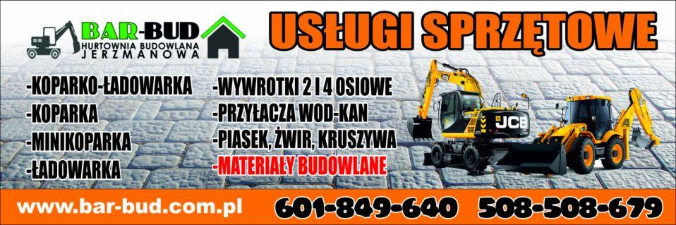 Grafika reklamowa firmy Bar-Bud z Jerzmanowej, oferującej usługi sprzętowe, w tym wynajem koparko-ładowarek, koparek, minikoparek i ładowarek, a także wywrotki, przyłącza wod-kan, piasek, żwir...