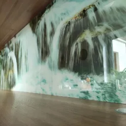 Szklany panel ścienny w kuchni z nadrukowanym motywem wodospadu, widok z bliska na blat i fragment okna.