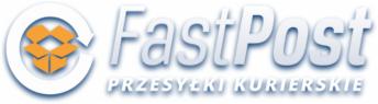 Logo firmy kurierskiej FastPost z pomarańczowym symbolem kartonu w okręgu i napisem 'PRZESYŁKI KURIERSKIE' poniżej nazwy.