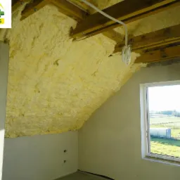 Poddasze po ociepleniu pianką PUR, widoczne drewniane elementy konstrukcji dachu i otwór okienny z widokiem na zewnątrz, instalacja elektryczna pod sufitem.