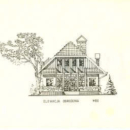 JurCAD Pracownia Architektoniczna Krzysztof Jur - Ręcznie rysowany plan elewacji ogrodowej domu jednorodzinnego w skali 1:100, z widocznym kominem z kamienia, dużymi oknami i drzewem liściastym po lewej stronie.