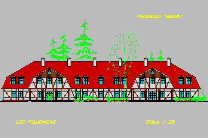 Techniczny rysunek elewacji pensjonatu 'Borsk' z czerwonym dachem, białymi ścianami i drewnianą konstrukcją szkieletową, otoczonego schematycznie narysowanymi drzewami, skala 1:200.