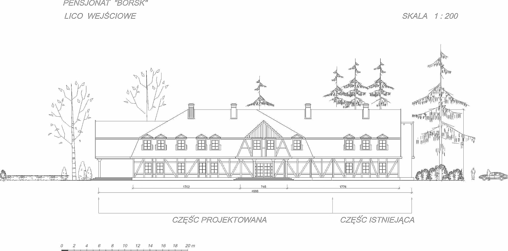 Rzut elewacji frontowej pensjonatu 'Borsk' z zaznaczoną częścią projektowaną i istniejącą, skala 1:200, widoczne wymiary i drzewa.