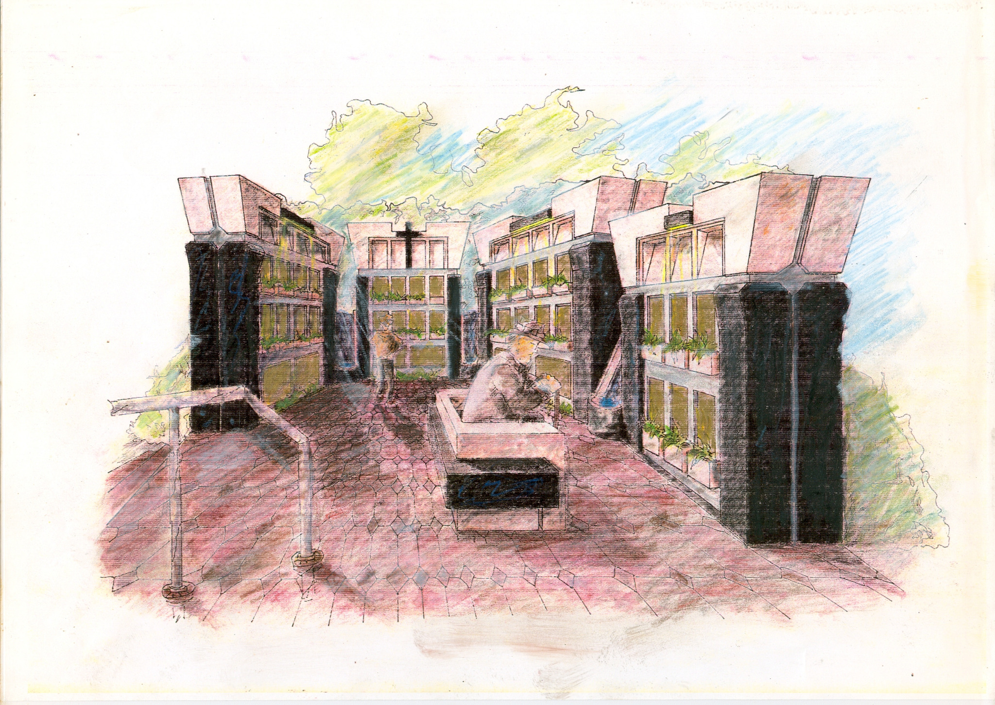 Kolorowy szkic koncepcyjny budynku z elementami zieleni, przedstawiający wizualizację przyszłej konstrukcji z roślinami w oknach i osobą siedzącą na ławce.