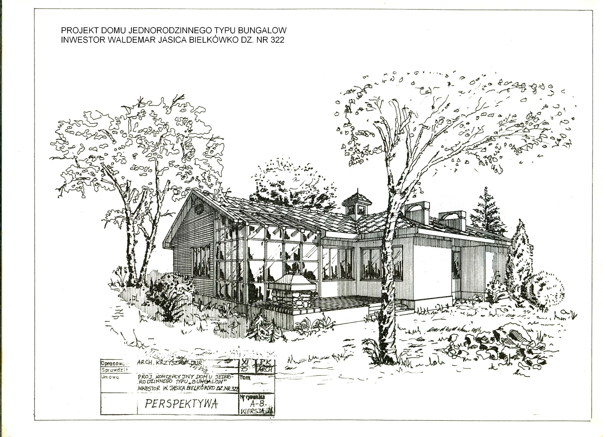 Ręcznie rysowany szkic perspektywiczny domu jednorodzinnego typu bungalow z ogrodem, z uwzględnieniem detali architektonicznych i otaczającej roślinności, zawierający informacje o inwestorze...