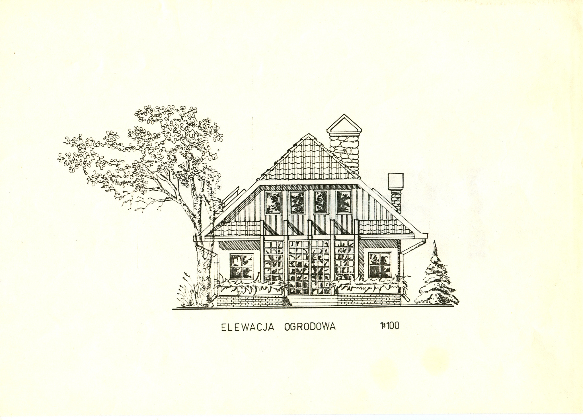Ręcznie rysowany plan elewacji ogrodowej domu jednorodzinnego w skali 1:100, z widocznym kominem z kamienia, dużymi oknami i drzewem liściastym po lewej stronie.