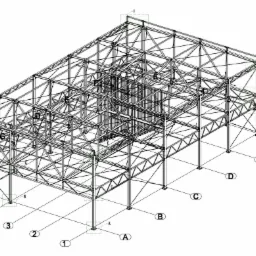 Schemat konstrukcji stalowej hali przemysłowej, widok izometryczny z oznaczeniami słupów i segmentów, skala 1:100.