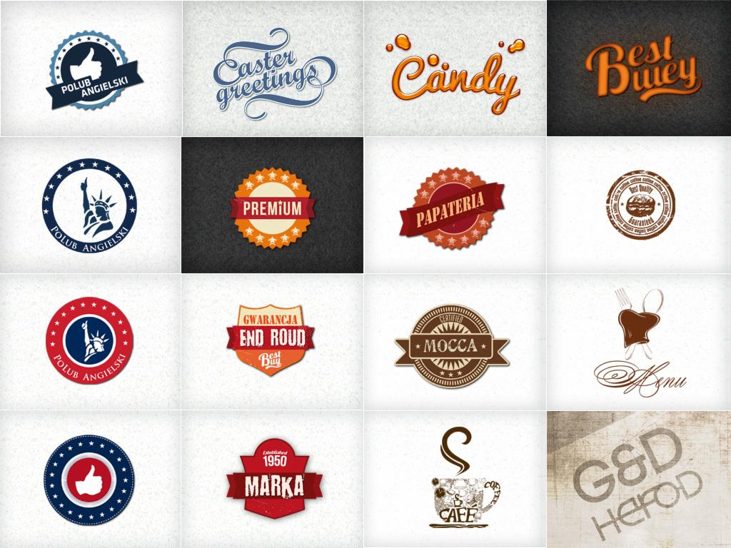 Kolekcja różnorodnych logo i znaków graficznych, w tym logo z kciukiem w górę, Statuą Wolności, napisy 'Candy', 'Best Buy', 'Premium', 'Papataria', 'Mocca', 'Marka', grafika z filiżanką kawy...