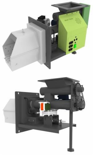 Schemat budowy kotła na paliwa stałe z podajnikiem, widok z dwóch perspektyw, uwzględniający przekrój wewnętrzny mechanizmów.