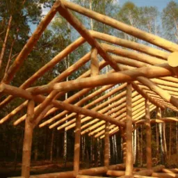 Konstrukcja szkieletowa altany z okrąglaków, widoczna na tle lasu brzozowo-sosnowego, w trakcie budowy.