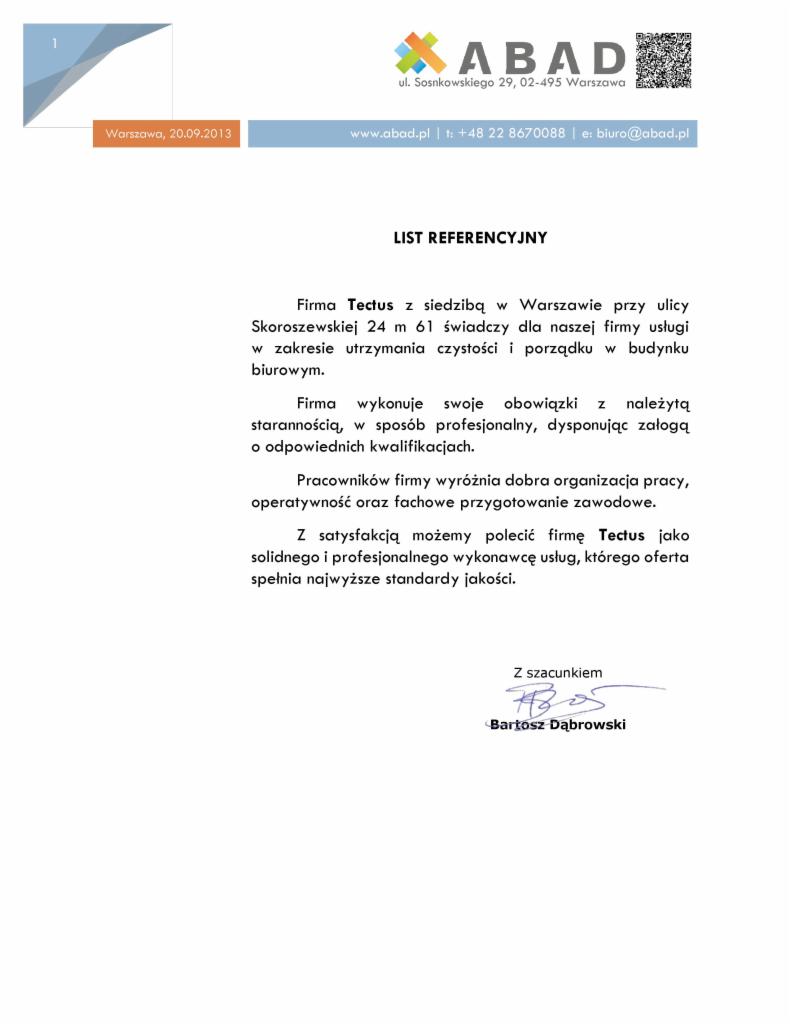 Skan listu referencyjnego dla firmy Tectus, świadczącej usługi utrzymania czystości w budynku biurowym, z datą 20.09.2013, podpisany przez Bartosza Dąbrowskiego.