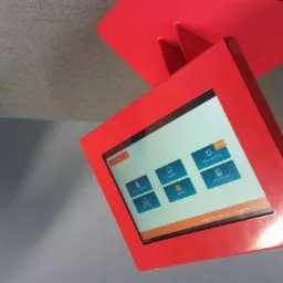 Czerwona, metalowa obudowa interaktywnego kiosku informacyjnego z ekranem dotykowym, prezentującego menu z ikonami i napisami w języku polskim, zamontowana na ścianie.