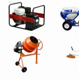 Zestaw sprzętu budowlanego: agregat prądotwórczy Honda, betoniarka pomarańczowa, agregat malarski i inne narzędzia na białym tle. Prezentacja asortymentu.