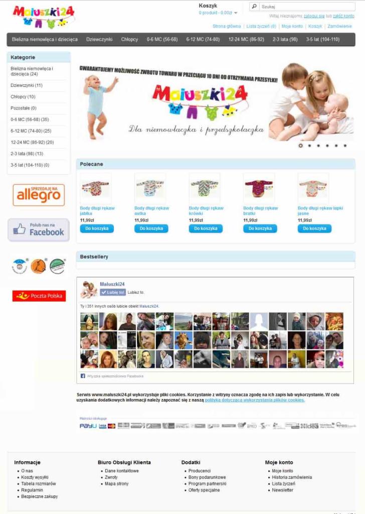 Widok strony internetowej sklepu z odzieżą dziecięcą Maluszki24, prezentujący logo, menu kategorii, banery reklamowe oraz listę polecanych produktów z cenami i opcjami dodania do koszyka.