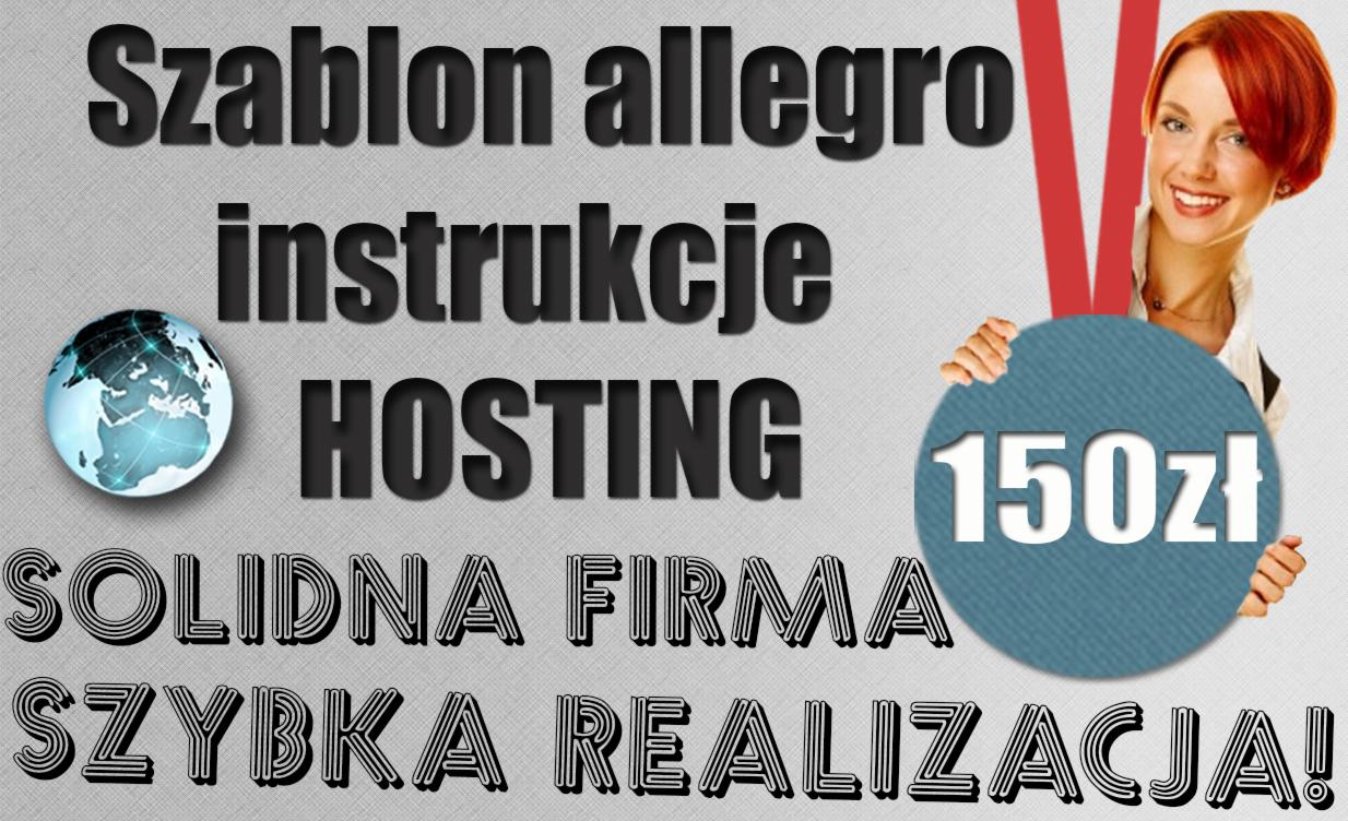 Grafika reklamowa z tekstem 'Szablon allegro', 'Instrukcje', 'Hosting', 'Solidna firma', 'Szybka realizacja!' oraz ceną 150zł, z uśmiechniętą kobietą w tle i globusem.
