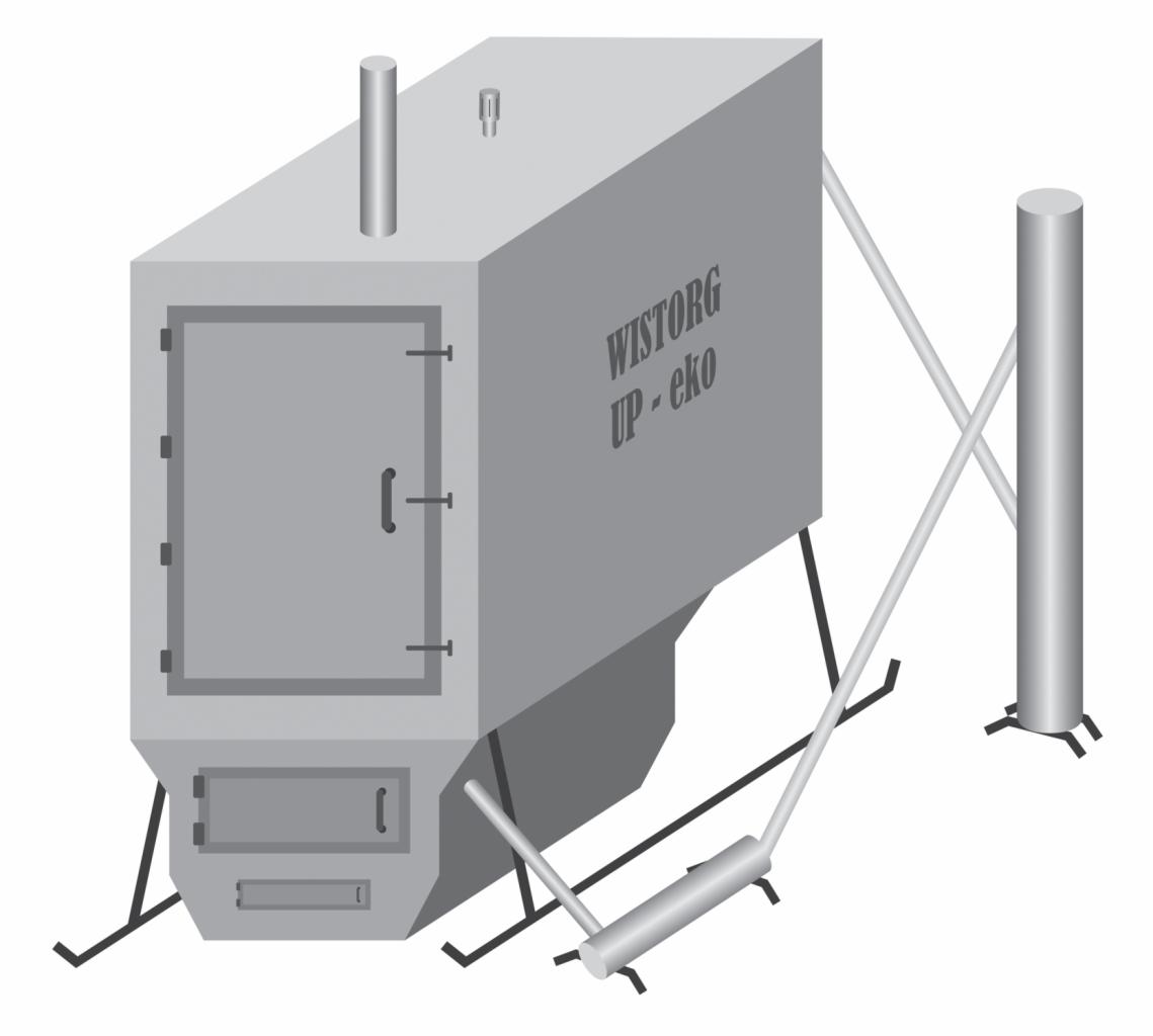 Szary schematyczny rysunek pieca Wistorg UP-eko z rurami, przedstawiony z perspektywy izometrycznej na białym tle. Ilustracja techniczna kotła.