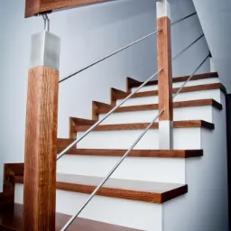 Nowoczesne schody z drewnianymi stopniami, białymi podstopnicami i balustradą z metalowymi prętami oraz drewnianymi słupkami z metalowymi akcentami.