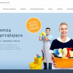 Strona internetowa firmy EcoSteam24 prezentująca ofertę usług sprzątających, z uśmiechniętą pracownicą trzymającą pojemnik ze środkami czystości na pierwszym planie, oraz dwoma pracownikami w tle...
