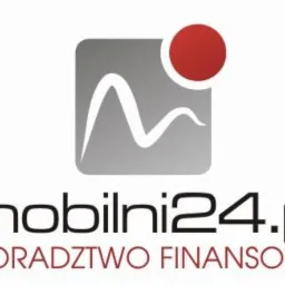 Logo firmy mobilni24.pl z czerwonym okręgiem nad szarym kwadratem z stylizowaną literą 'M'. Pod spodem napis 'DORADZTWO FINANSOWE'.