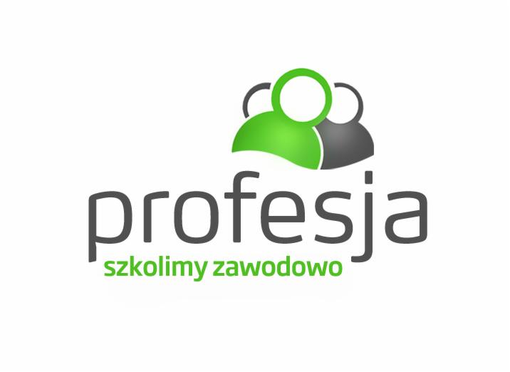 Logo firmy szkoleniowej: Stylizowany piktogram trzech osób, z których jedna jest w kolorze zielonym, a dwie w szarym, nad napisem 'profesja' i pod spodem mniejszym napisem 'szkolimy zawodowo', oba...
