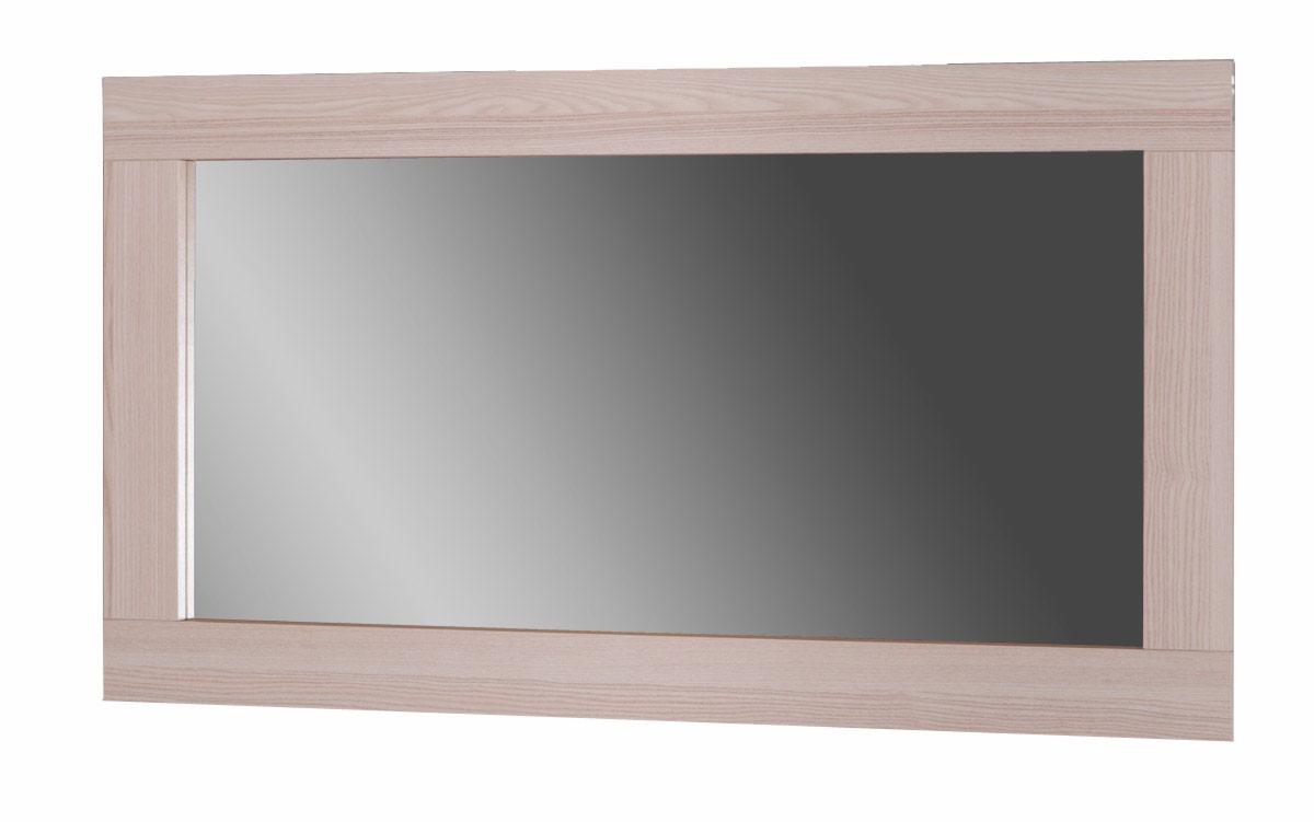 Prostokątne lustro w jasnej, drewnianej ramie z widoczną strukturą drewna.