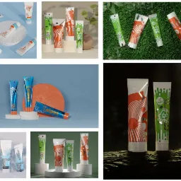 Zestaw wizualizacji tubek kosmetycznych z różnymi wzorami i kolorami, prezentowanych na różnych tłach i podłożach, podkreślających ekologiczny charakter i nowoczesny design opakowań.