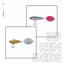 Grafika 3D przedstawiająca dwie przynęty wędkarskie z kotwiczkami, jedna srebrno-różowa z czerwonym ogonkiem w kropki, druga żółto-czarna ze srebrnym ogonkiem w łuski, zaprezentowane na białym tle...