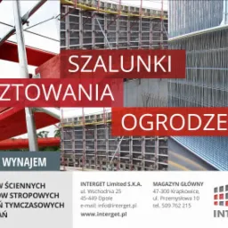 Kompozycja graficzna prezentująca rusztowania, szalunki i ogrodzenia tymczasowe; oferta zakupu i wynajmu sprzętu budowlanego, dane kontaktowe firmy Interget.