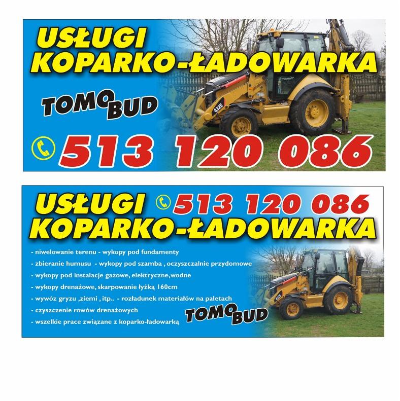 Ogłoszenie usług koparko-ładowarką TomoBud z numerem telefonu, prezentujące zakres prac: niwelacja terenu, wykopy pod fundamenty, szamba, instalacje, drenaże, wywóz gruzu i czyszczenie rowów.