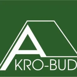 Logo firmy budowlanej KRO-BUD na zielonym tle, stylizowane na kształt dachu.