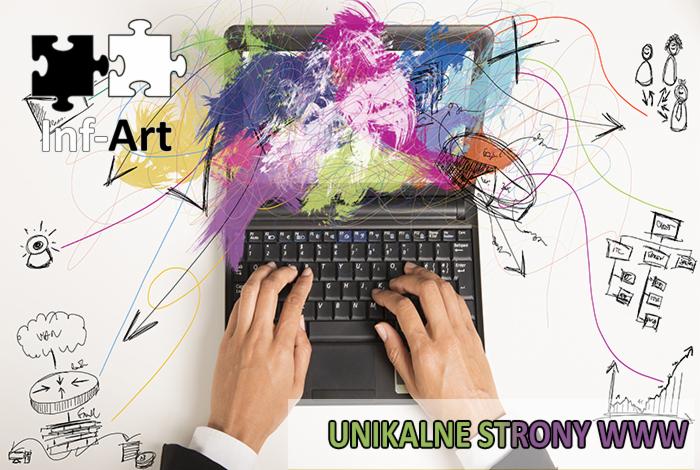 Osoba pisze na laptopie z abstrakcyjną grafiką i szkicami, co sugeruje tworzenie unikalnych stron WWW. Widoczne puzzle i napis 'Inf-Art'.