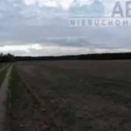 Rozległe pole z widoczną ścieżką gruntową prowadzącą w kierunku lasu na horyzoncie, pochmurne niebo, w prawym g&oacute;rnym rogu widoczne logo Agencji Nieruchomości ABA.