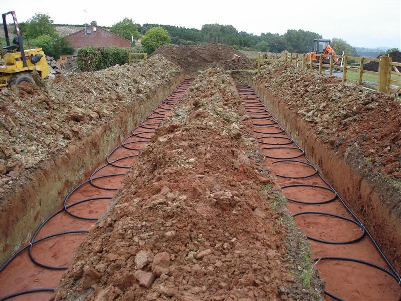 Długi, głęboki wykop w ziemi z ułożonymi pętlami rur wewnątrz, widoczne maszyny budowlane w tle.